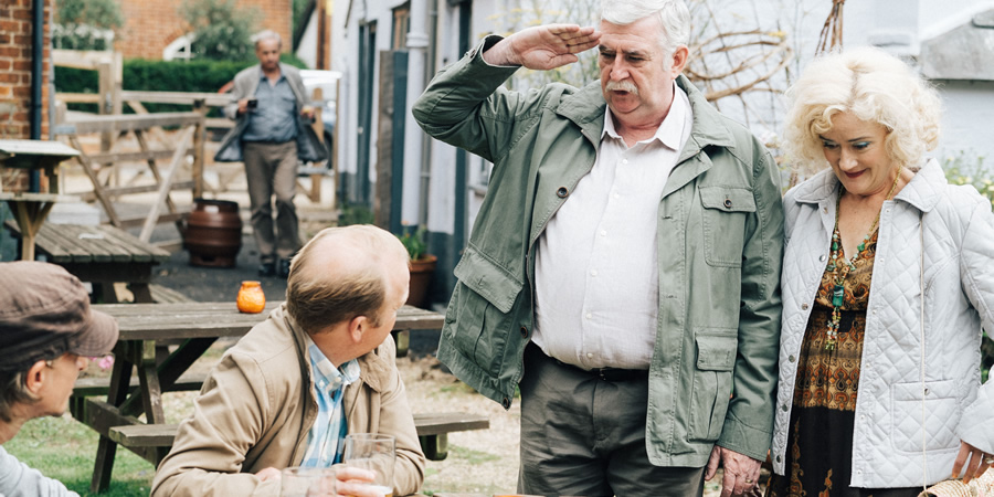 Detectorists. Image shows from L to R: Andy Stone (Mackenzie Crook), Lance Stater (Toby Jones), Terry (Gerard Horan), Sheila (Sophie Thompson)