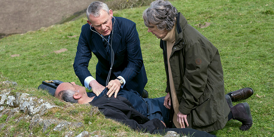 Doc Martin. Image shows from L to R: John Rahmanzai (Art Malik), Dr Martin Ellingham (Martin Clunes), Aunt Ruth Ellingham (Eileen Atkins)