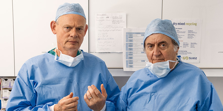 Doc Martin. Image shows from L to R: Dr Martin Ellingham (Martin Clunes), Bernard Newton (Tom Conti)