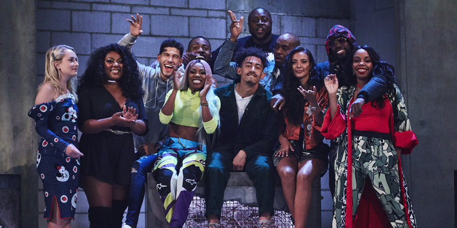 Don't Hate The Playaz. Image shows from L to R: Amelia Dimoldenberg, Paisley Billings, Jack Fowler, Lady Leshurr, Darren Harriott, Shortee Blitz, Jordan Stephens, Dane Baptiste, Maya Jama, Justin Clarke, London Hughes