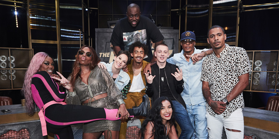 Don't Hate The Playaz. Image shows from L to R: Lady Leshurr, London Hughes, Suzi Ruffell, Shortee Blitz, Jordan Stephens, Maya Jama, Aitch, Marvin Dawkins, Michael Harvey