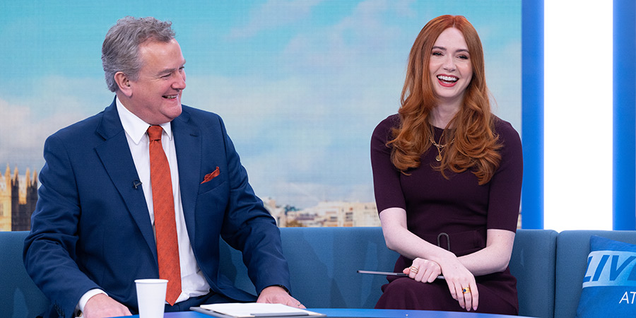 Douglas Is Cancelled. Image shows left to right: Douglas (Hugh Bonneville), Madeline (Karen Gillan)