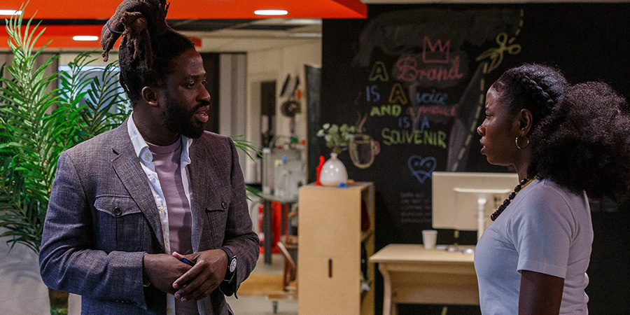 Dreaming Whilst Black. Image shows left to right: Kwabena (Adjani Salmon), Amy (Dani Moseley). Credit: BBC, Big Deal Films