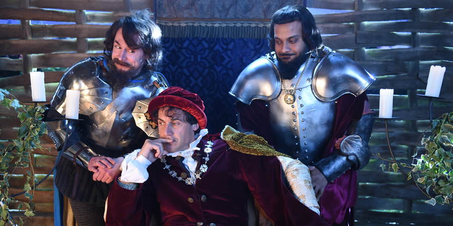 Drunk History. Image shows from L to R: Charles d'Albret (Mike Wozniak), Charles VI (Dustin Demri-Burns), Marshal Boucicaut (Guz Khan). Copyright: Tiger Aspect Productions