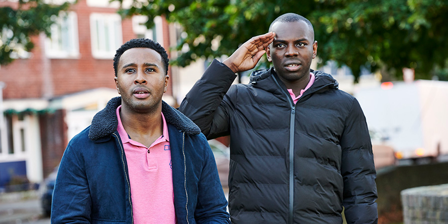 Enterprice. Image shows from L to R: Jeremiah (Trieve Blackwood-Cambridge), Kazim (Kayode Ewumi). Copyright: Fudge Park Enterprice. Image shows from L to R: Jeremiah (Trieve Blackwood-Cambridge), Kazim (Kayode Ewumi). Copyright: Fudge Park