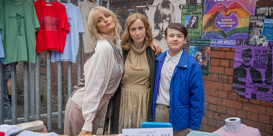 Everyone Else Burns. Image shows left to right: Melissa (Morgana Robinson), Fiona Lewis (Kate O'Flynn), Aaron (Harry Connor)