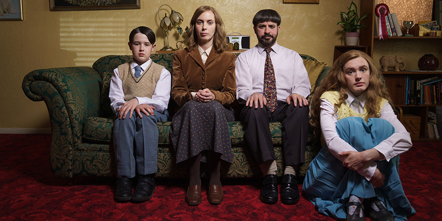 Everyone Else Burns. Image shows left to right: Aaron (Harry Connor), Fiona Lewis (Kate O'Flynn), David Lewis (Simon Bird), Rachel (Amy James-Kelly)