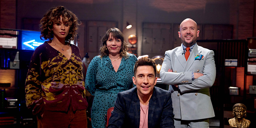 Evil Genius With Russell Kane. Image shows left to right: Michelle De Swarte, Kerry Godliman, Russell Kane, Tom Allen