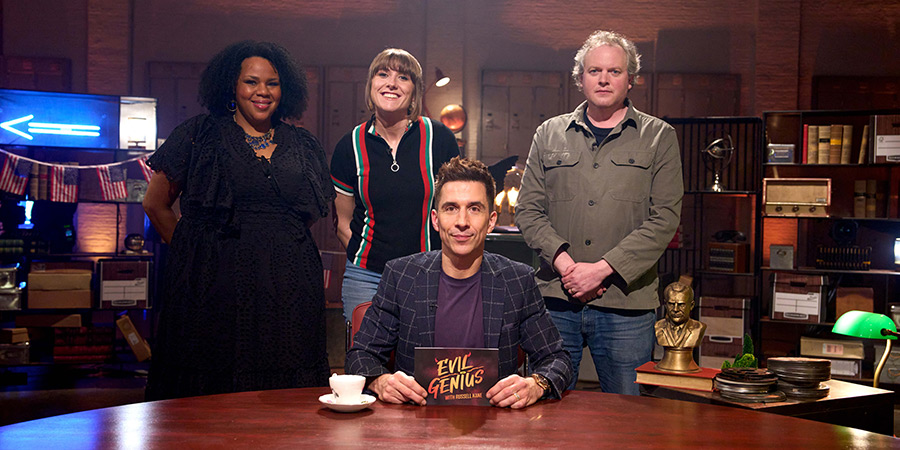 Evil Genius With Russell Kane. Image shows left to right: Desiree Burch, Maisie Adam, Russell Kane, Miles Jupp
