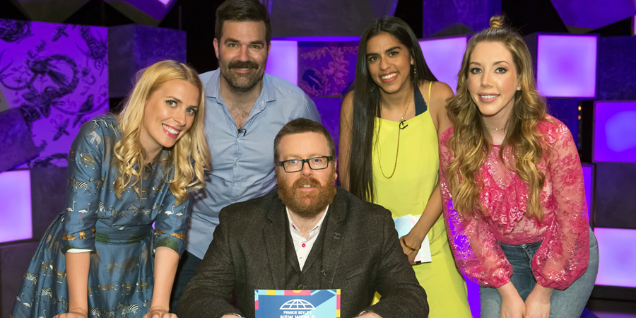 Frankie Boyle's New World Order. Image shows from L to R: Sara Pascoe, Rob Delaney, Frankie Boyle, Mona Chalabi, Katherine Ryan. Copyright: Zeppotron