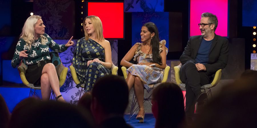 Frankie Boyle's New World Order. Image shows from L to R: Sara Pascoe, Katherine Ryan, Mona Chalabi, David Baddiel. Copyright: Zeppotron