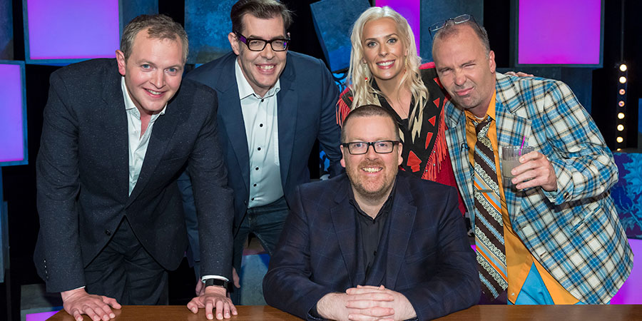 Frankie Boyle's New World Order. Image shows from L to R: Miles Jupp, Richard Osman, Frankie Boyle, Sara Pascoe, Doug Stanhope. Copyright: Zeppotron