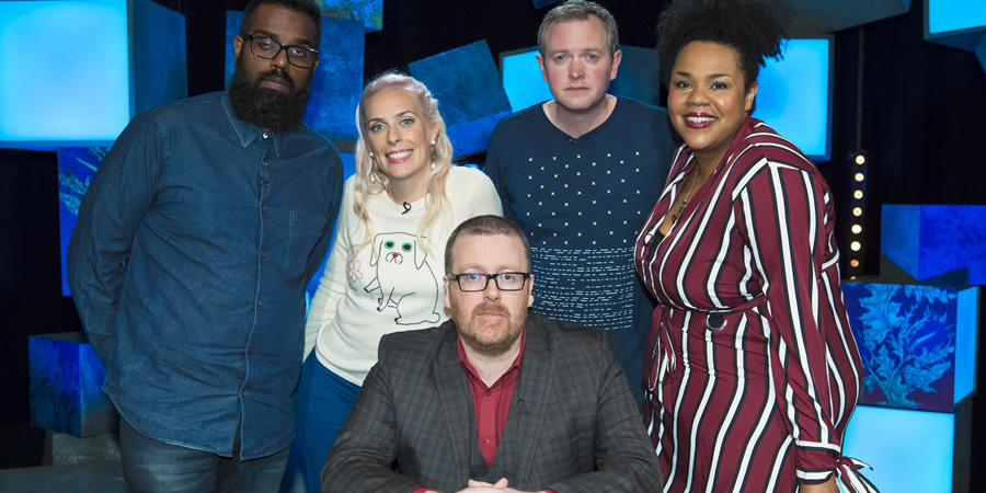 Frankie Boyle's New World Order. Image shows from L to R: Romesh Ranganathan, Sara Pascoe, Frankie Boyle, Miles Jupp, Desiree Burch. Copyright: Zeppotron