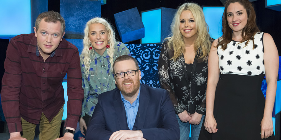 Frankie Boyle's New World Order. Image shows from L to R: Miles Jupp, Sara Pascoe, Frankie Boyle, Roisin Conaty, Lucy Prebble. Copyright: Zeppotron