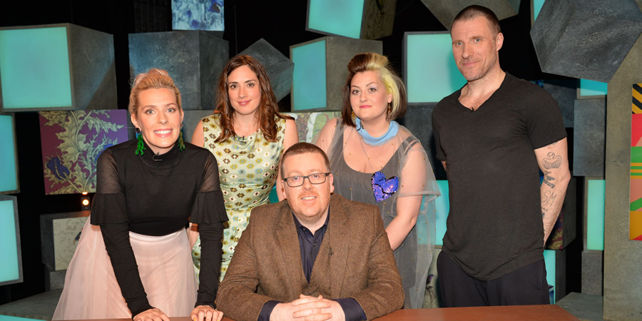 Frankie Boyle's New World Order. Image shows from L to R: Sara Pascoe, Lucy Prebble, Frankie Boyle, Kiri Pritchard-McLean, Jason Williamson. Copyright: Zeppotron