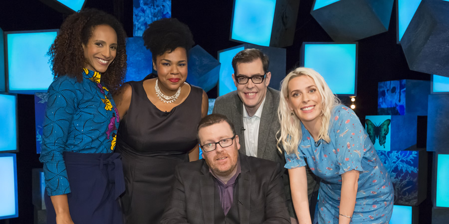 Frankie Boyle's New World Order. Image shows from L to R: Afua Hirsch, Desiree Burch, Frankie Boyle, Richard Osman, Sara Pascoe. Copyright: Zeppotron