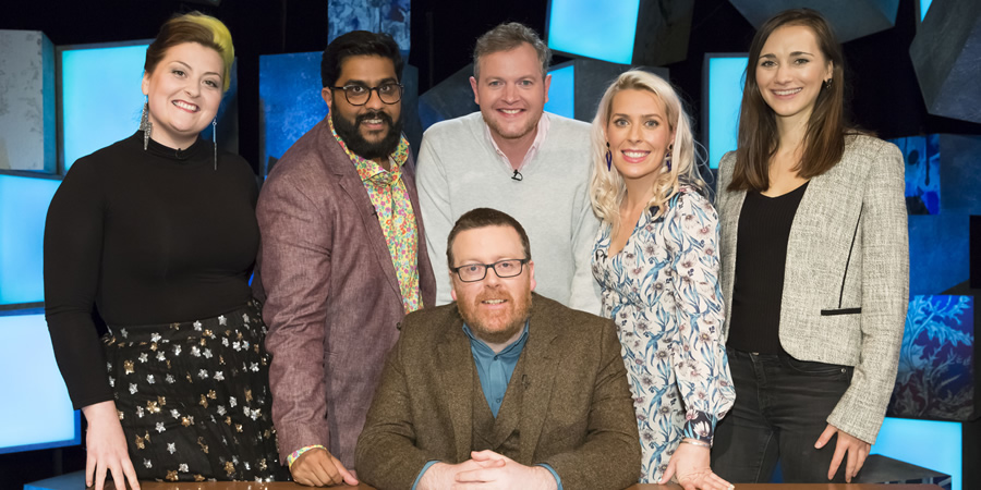 Frankie Boyle's New World Order. Image shows from L to R: Kiri Pritchard-McLean, Eshaan Akbar, Frankie Boyle, Miles Jupp, Sara Pascoe, Grace Blakeley. Copyright: Zeppotron