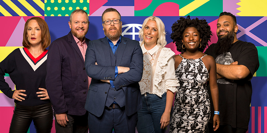 Frankie Boyle's New World Order. Image shows from L to R: Sara Barron, Miles Jupp, Frankie Boyle, Sara Pascoe, Sophie Duker, Guz Khan. Copyright: Zeppotron