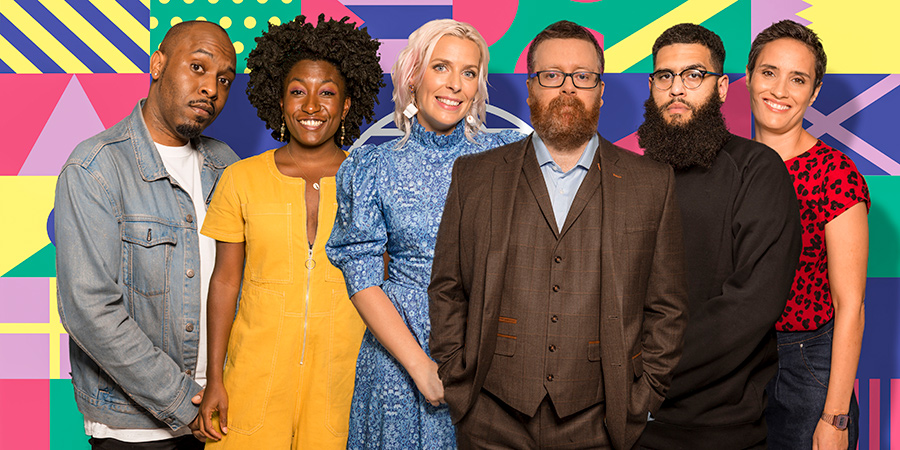 Frankie Boyle's New World Order. Image shows from L to R: Dane Baptiste, Sophie Duker, Sara Pascoe, Frankie Boyle, Jamali Maddix, Jen Brister. Copyright: Zeppotron