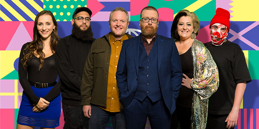 Frankie Boyle's New World Order. Image shows from L to R: Grace Blakeley, Jamali Maddix, Miles Jupp, Frankie Boyle, Kiri Pritchard-McLean, Dave Chambers. Copyright: Zeppotron