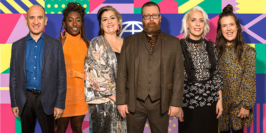 Frankie Boyle's New World Order. Image shows from L to R: Armando Iannucci, Sophie Duker, Kiri Pritchard-McLean, Frankie Boyle, Sara Pascoe, Rosie Jones. Copyright: Zeppotron