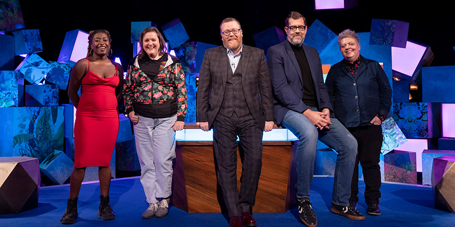 Frankie Boyle's New World Order. Image shows left to right: Sophie Duker, Josie Long, Frankie Boyle, Richard Osman, Susie McCabe