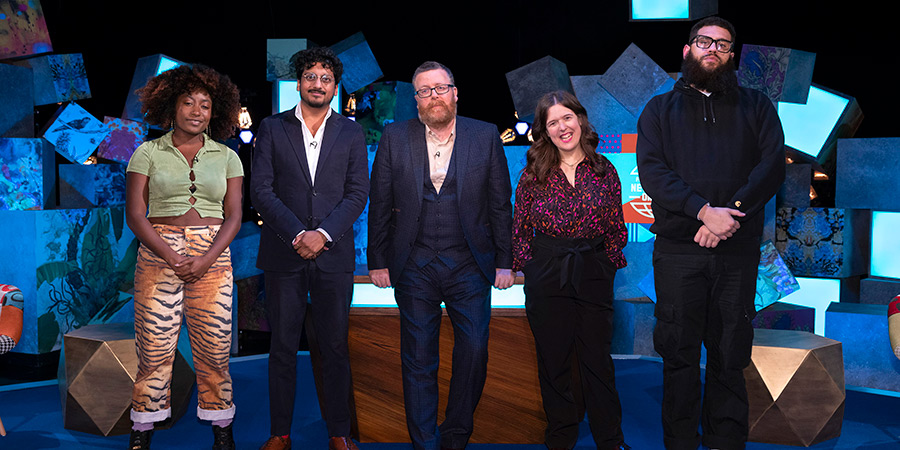 Frankie Boyle's New World Order. Image shows left to right: Sophie Duker, Ahir Shah, Frankie Boyle, Rosie Jones, Jamali Maddix