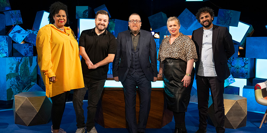 Frankie Boyle's New World Order. Image shows left to right: Desiree Burch, Alex Brooker, Frankie Boyle, Laura Smyth, Nish Kumar