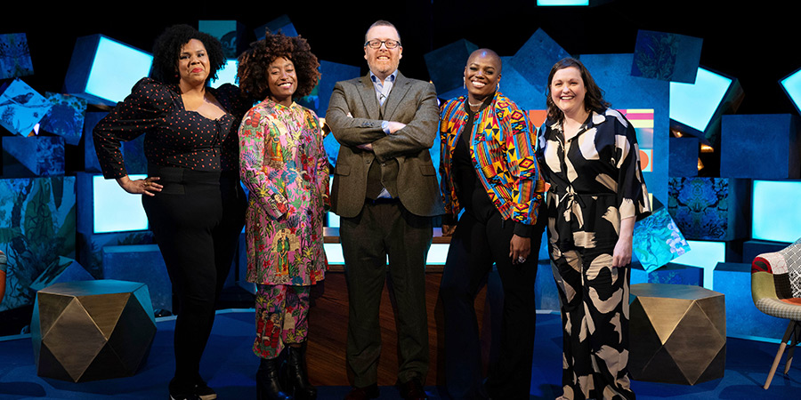 Frankie Boyle's New World Order. Image shows left to right: Desiree Burch, Sophie Duker, Frankie Boyle, Thanyia Moore, Josie Long