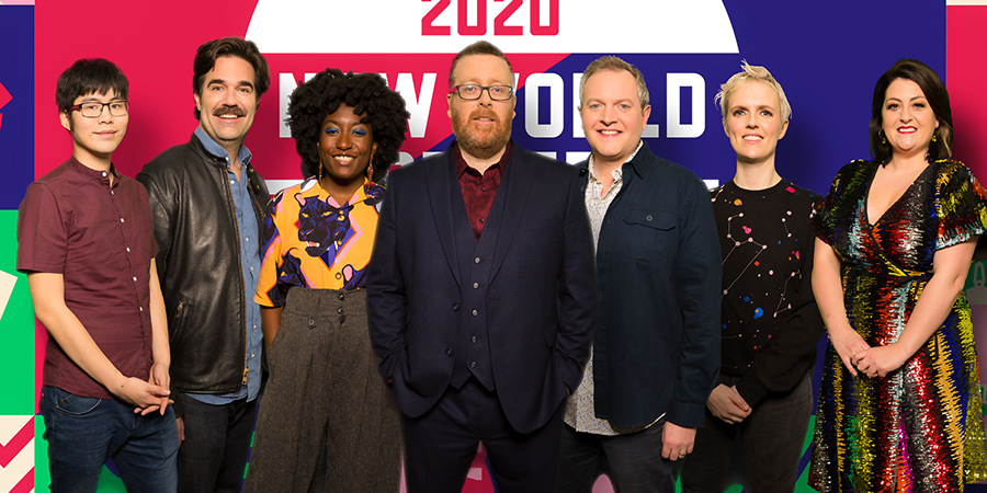 Frankie Boyle's New World Order. Image shows from L to R: Ken Cheng, Rob Delaney, Sophie Duker, Frankie Boyle, Miles Jupp, Holly Walsh, Kiri Pritchard-McLean. Copyright: Zeppotron