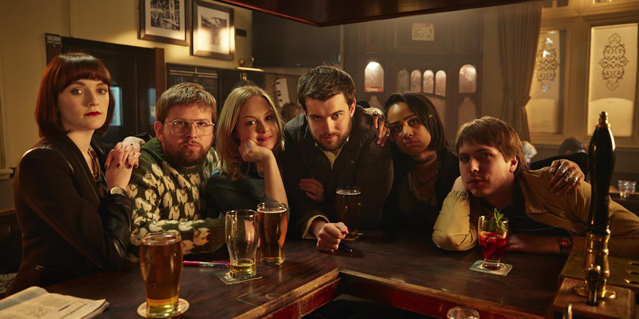 Fresh Meat. Image shows from L to R: Oregon (Charlotte Ritchie), Howard (Greg McHugh), Josie (Kimberley Nixon), JP (Jack Whitehall), Vod (Zawe Ashton), Kingsley (Joe Thomas). Copyright: Objective Productions / Lime Pictures