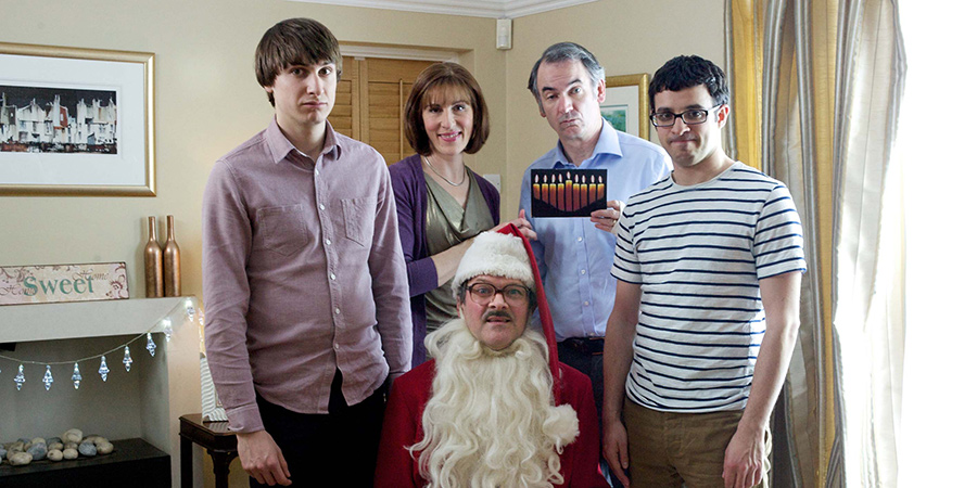 Friday Night Dinner. Image shows from L to R: Jonny (Tom Rosenthal), Jackie (Tamsin Greig), Jim (Mark Heap), Martin (Paul Ritter), Adam (Simon Bird)