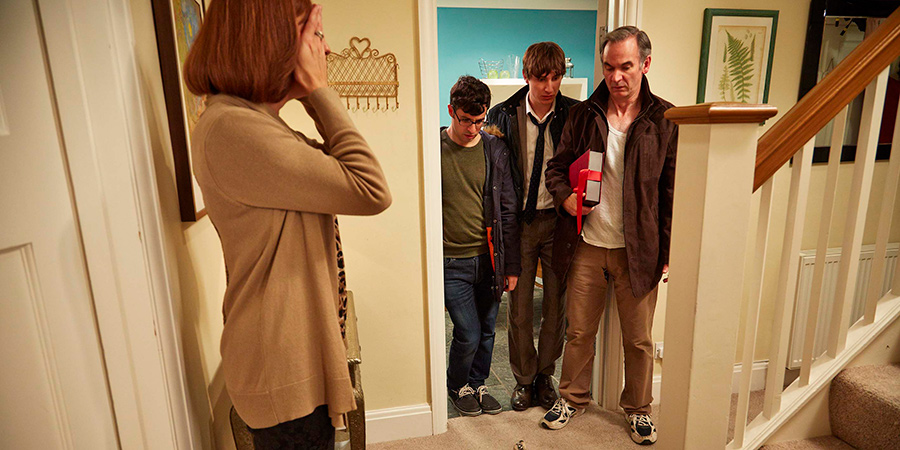 Friday Night Dinner. Image shows from L to R: Jackie (Tamsin Greig), Adam (Simon Bird), Jonny (Tom Rosenthal), Martin (Paul Ritter)