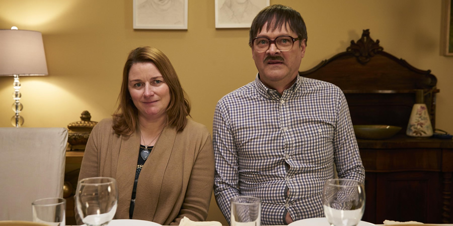 Friday Night Dinner. Image shows from L to R: Other Jackie (Rosie Cavaliero), Jim (Mark Heap)