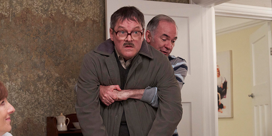 Friday Night Dinner. Image shows from L to R: Jim (Mark Heap), Martin (Paul Ritter)