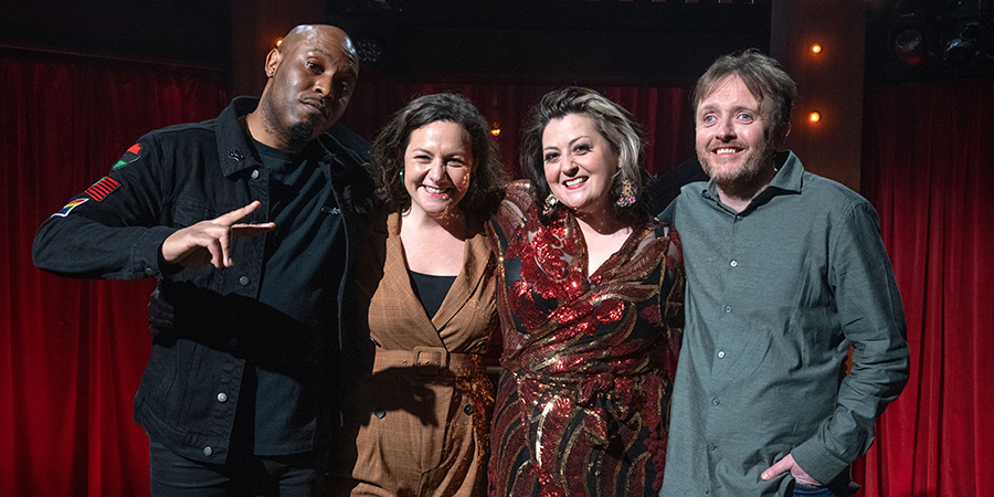 Funny Festival Live. Image shows from L to R: Dane Baptiste, Jessica Fostekew, Kiri Pritchard-McLean, Chris McCausland. Copyright: Phil McIntyre Entertainment