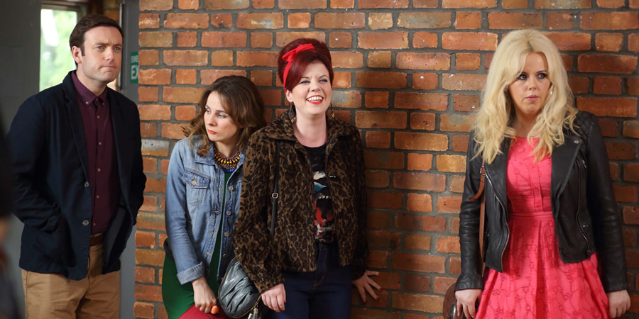 GameFace. Image shows from L to R: John (Brendan Patricks), Lucie (Cariad Lloyd), Caroline (Caroline Ginty), Marcella (Roisin Conaty). Copyright: Objective Productions