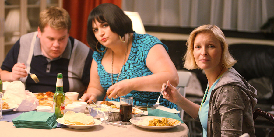 Gavin & Stacey. Image shows left to right: Smithy (James Corden), Nessa (Ruth Jones), Stacey (Joanna Page)