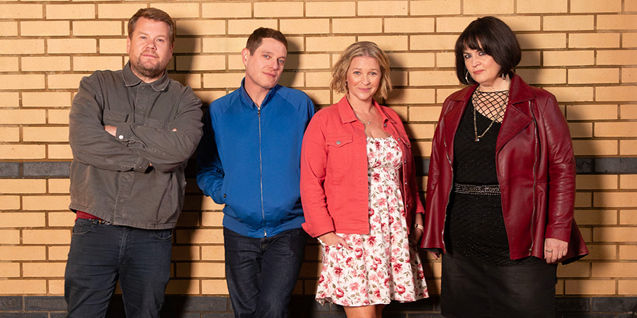 Gavin & Stacey. Image shows left to right: Smithy (James Corden), Gavin (Mathew Horne), Stacey (Joanna Page), Nessa (Ruth Jones). Credit: Tidy Productions, Fulwell 73 Productions, BBC, Tom Jackson