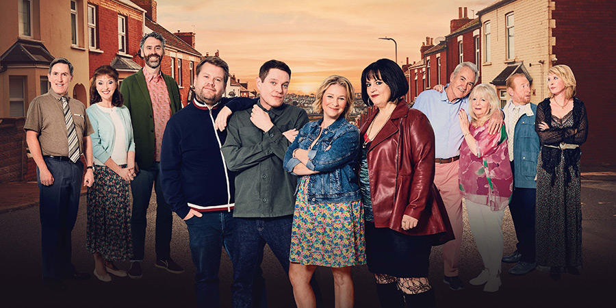 Gavin & Stacey. Image shows left to right: Bryn (Rob Brydon), Gwen (Melanie Walters), Jason (Robert Wilfort), Smithy (James Corden), Gavin (Mathew Horne), Stacey (Joanna Page), Nessa (Ruth Jones), Mick (Larry Lamb), Pam (Alison Steadman), Pete (Adrian Scarborough), Dawn (Julia Davis)