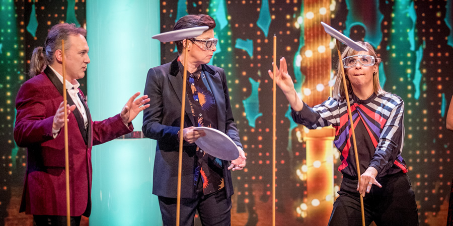 The Generation Game. Image shows from L to R: Andrew Van Buren, Sue Perkins, Mel Giedroyc. Copyright: BBC