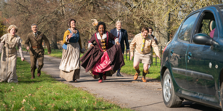 Ghosts. Image shows from L to R: Lady Button (Martha Howe-Douglas), Captain (Ben Willbond), Mary (Katy Wix), Kitty (Lolly Adefope), Julian (Simon Farnaby), Pat (Jim Howick), Thomas (Mathew Baynton), Robin (Laurence Rickard). Copyright: Monumental Pictures