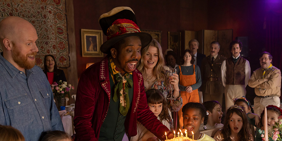 Ghosts. Image shows left to right: Toby (Rich Keeble), Mike (Kiell Smith-Bynoe), Claire (Caroline Sheen), Alison (Charlotte Ritchie), Julian (Simon Farnaby), Captain (Ben Willbond), Thomas (Mathew Baynton), Pat (Jim Howick)