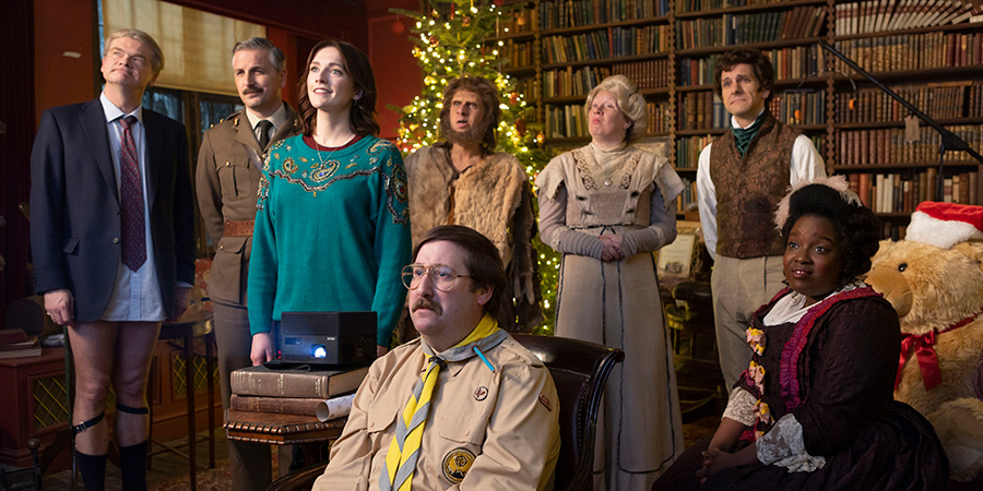 Ghosts. Image shows left to right: Julian (Simon Farnaby), Captain (Ben Willbond), Alison (Charlotte Ritchie), Pat (Jim Howick), Robin (Laurence Rickard), Lady Button (Martha Howe-Douglas), Thomas (Mathew Baynton), Kitty (Lolly Adefope)