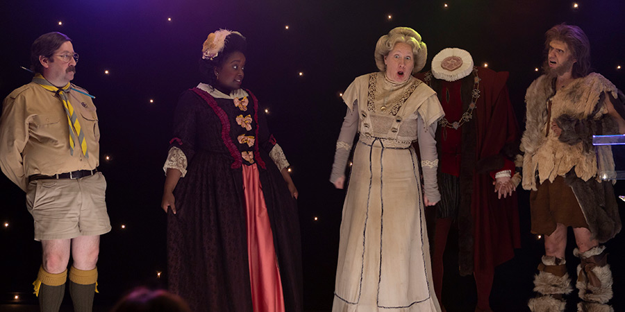 Ghosts. Image shows left to right: Pat (Jim Howick), Kitty (Lolly Adefope), Lady Button (Martha Howe-Douglas), Humphrey's Body (Yani Alexansandrov), Robin (Laurence Rickard)