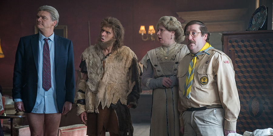 Ghosts. Image shows left to right: Julian (Simon Farnaby), Robin (Laurence Rickard), Lady Button (Martha Howe-Douglas), Pat (Jim Howick)