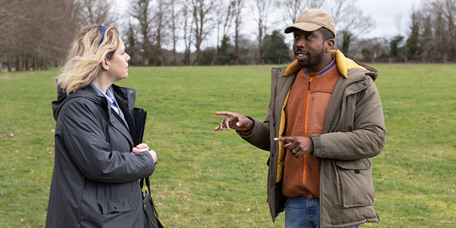 Ghosts. Image shows left to right: Joy (Anna Crilly), Mike (Kiell Smith-Bynoe)