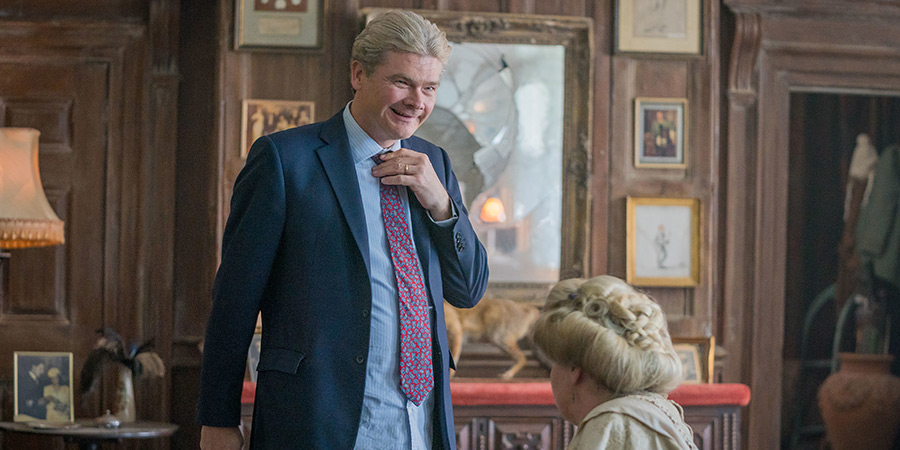 Ghosts. Image shows left to right: Julian (Simon Farnaby), Lady Button (Martha Howe-Douglas)