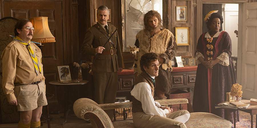 Ghosts. Image shows left to right: Pat (Jim Howick), Captain (Ben Willbond), Thomas (Mathew Baynton), Robin (Laurence Rickard), Kitty (Lolly Adefope)