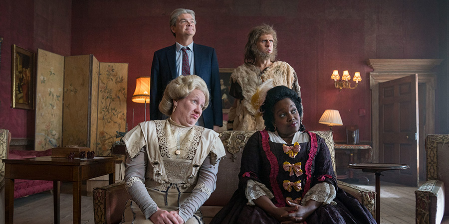 Ghosts. Image shows left to right: Lady Button (Martha Howe-Douglas), Julian (Simon Farnaby), Robin (Laurence Rickard), Kitty (Lolly Adefope)